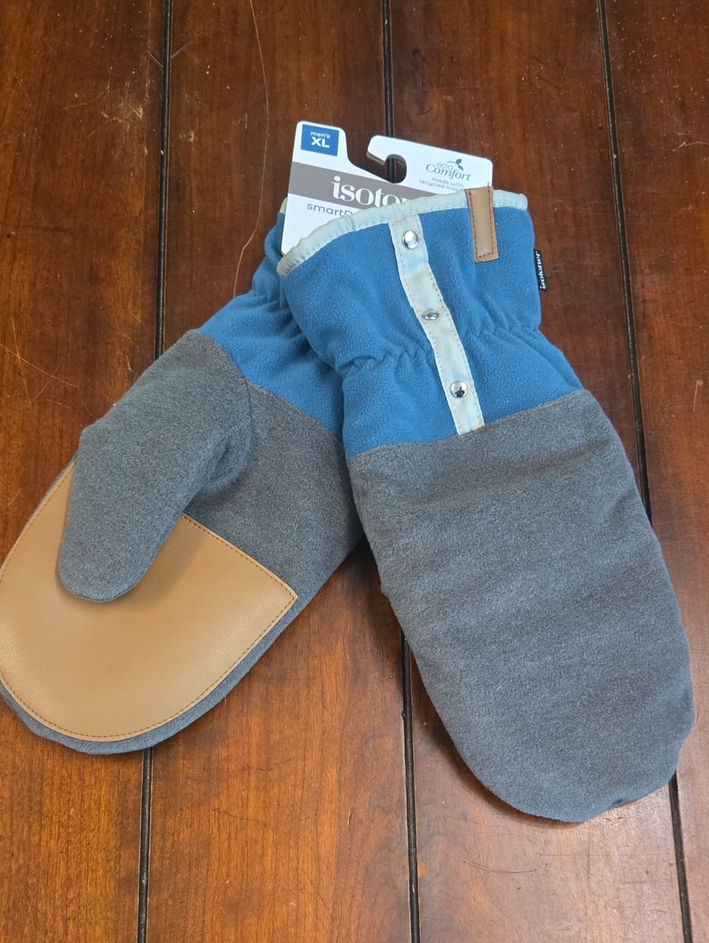 isotoner Blue & Gray Fleece Mittens with Tan Palm Patch